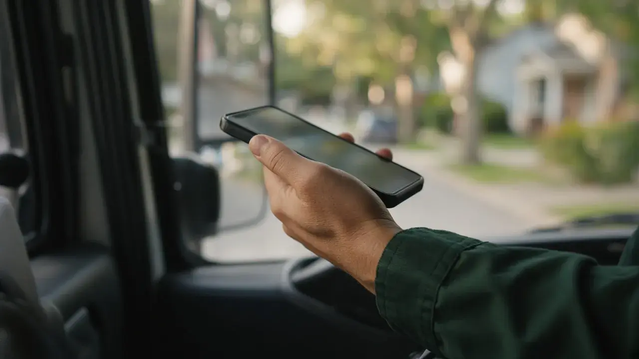 Mood image (AI-generated): a hand holding a phone inside a work van.